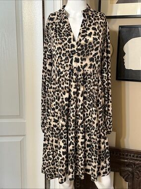 Leopard Print Long Sleeve Tiered Dress - Beige/Black